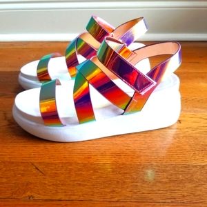 NIB BAMBOO Iridescent Velcro Strappy Platform Sandal